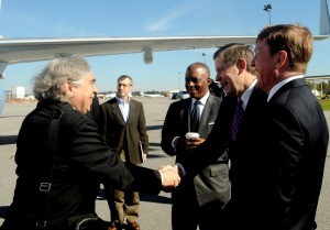 In 2013, before the avalanche of delays and ballooning costs, Southern Co. CEO Tom Fanning, right, and Mississippi Power CEO Ed Holland welcomed U.S. Secretary of Energy Ernest Moniz, to Kemper. Moniz, left, is shaking Holland’s hand.